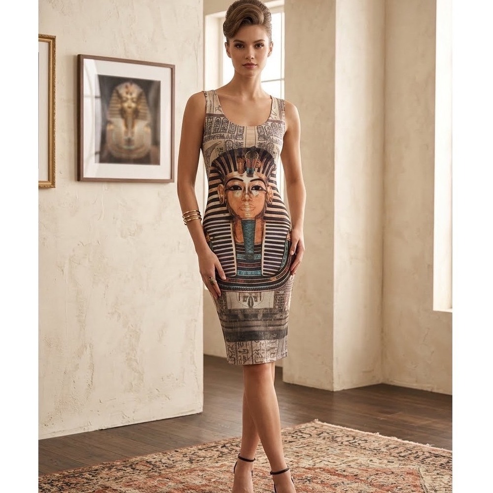 Love J King Tut Egyptian Hieroglyphic Bodycon Midi Dress Tan Brown Size Medium